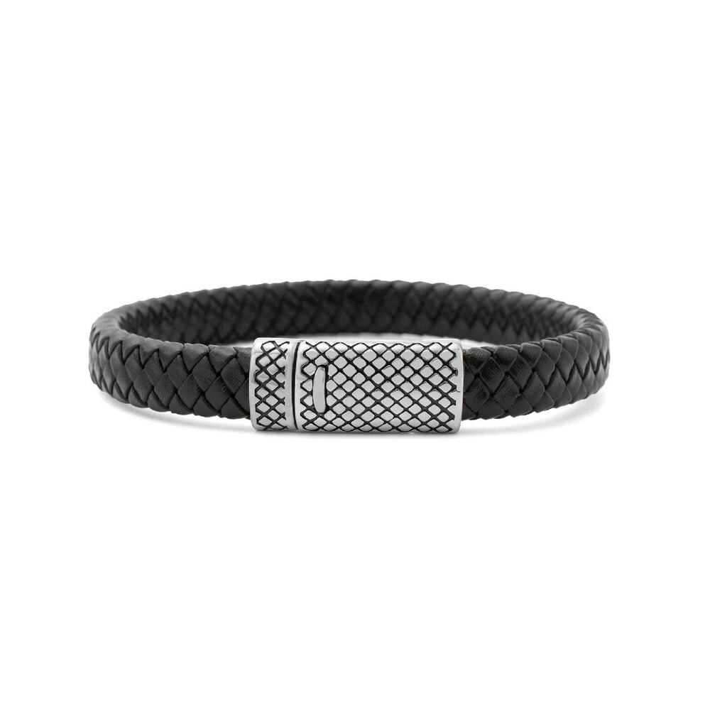 Mens 12mm Stainless Steel Braided Leather Bracelet 8.5"